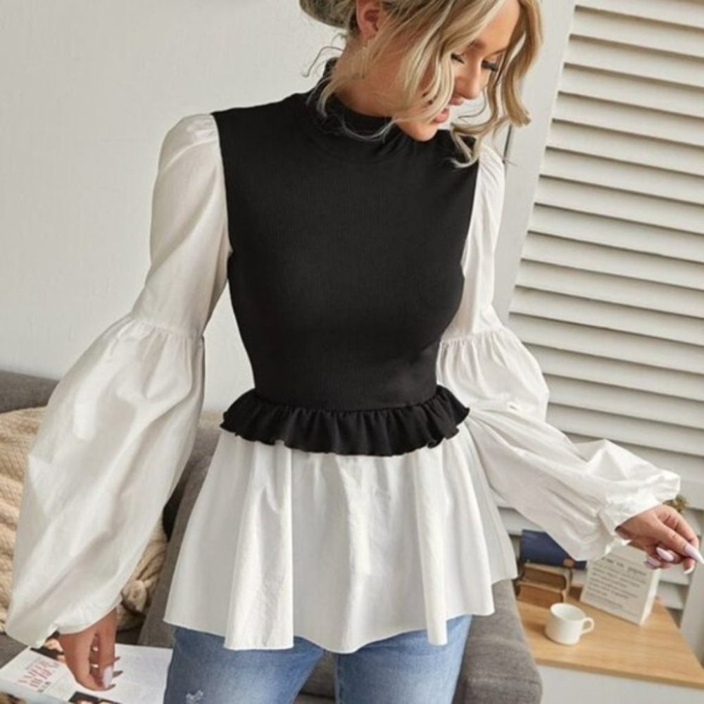 Mock Neck Lantern Sleeve Two Tone Peplum Top - Picture 7 of 7